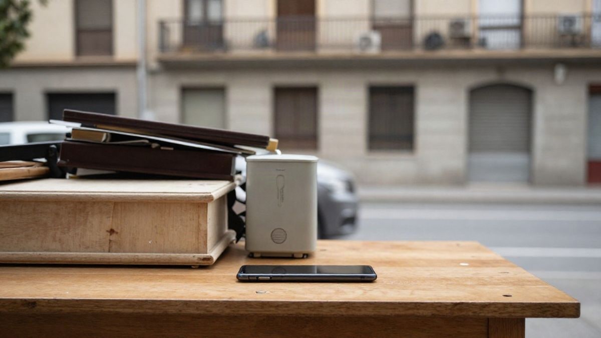 Illustrative image: a mobile phone on a table next to old furniture and a small appliance, with a municipal building in the background