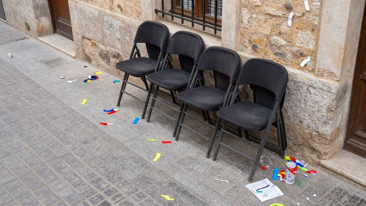 Illustrative image: aerial view of a village square with folding chairs and confetti remnants after a party