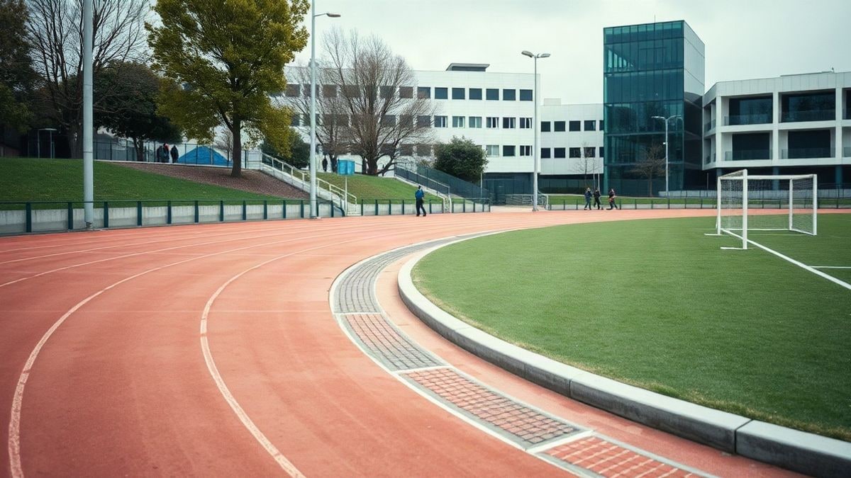 Imagen ilustrativa: pista de atletismo y zona de tiro de láser en un recinto deportivo al aire libre, con un edificio universitario al fondo.