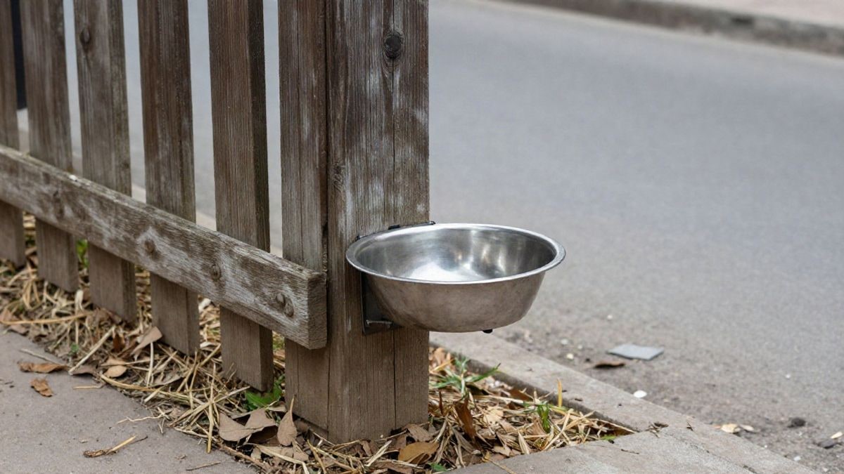 Imagen ilustrativa: detalle de un poste de madera con un comedero metálico para gatos en un entorno rural