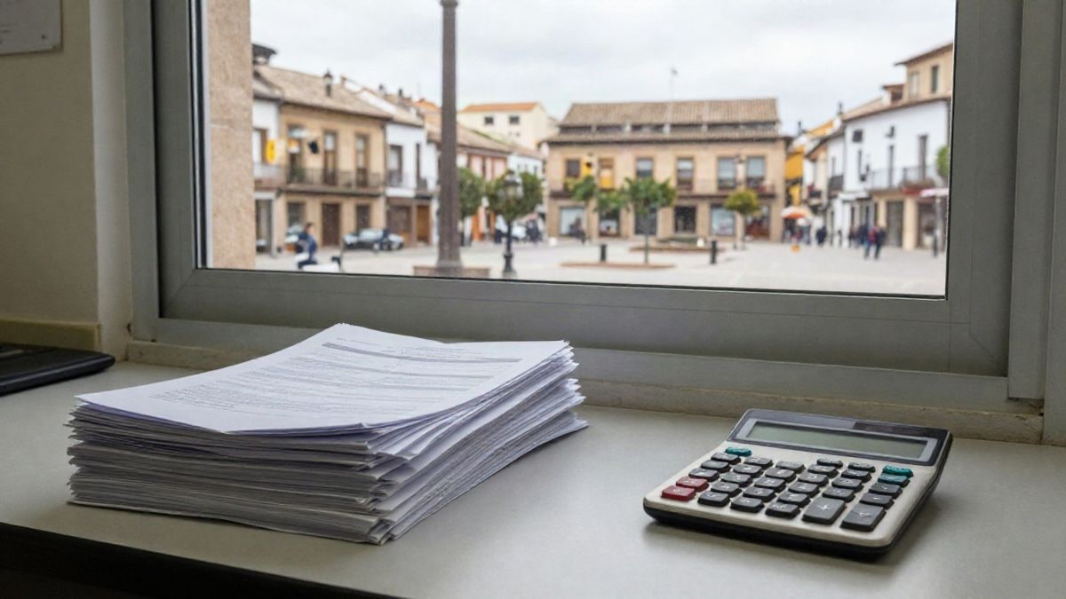 Imagen ilustrativa: documentos oficiales y calculadora sobre una mesa de oficina municipal, con una plaza de pueblo al fondo.