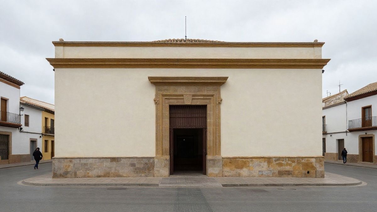 Imagen ilustrativa: entrada de un auditorio municipal en una calle española en un día nublado