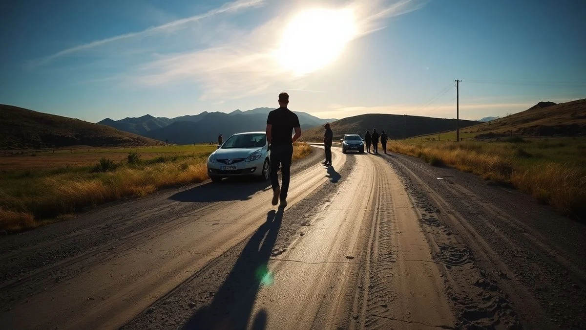 Illustrative image: a rural road in the Sierra Norte with parked cars and people watching the eclipse in the sky.