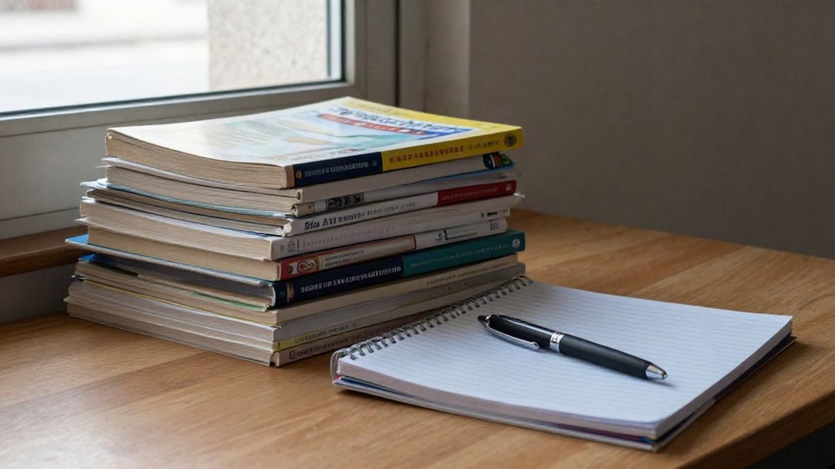 Imagen ilustrativa: libros de texto y un cuaderno abierto sobre una mesa de madera con un bolígrafo