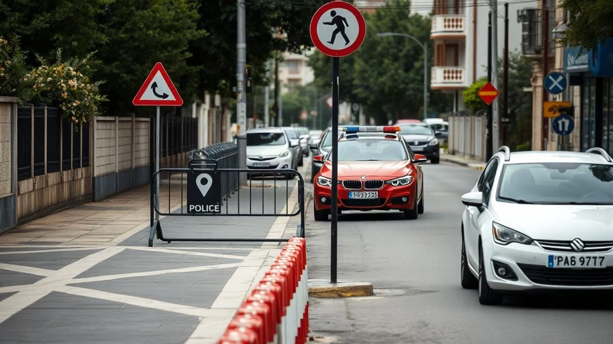 Imagen ilustrativa: una calle de pueblo con señalización temporal de tráfico y una valla de la policía local
