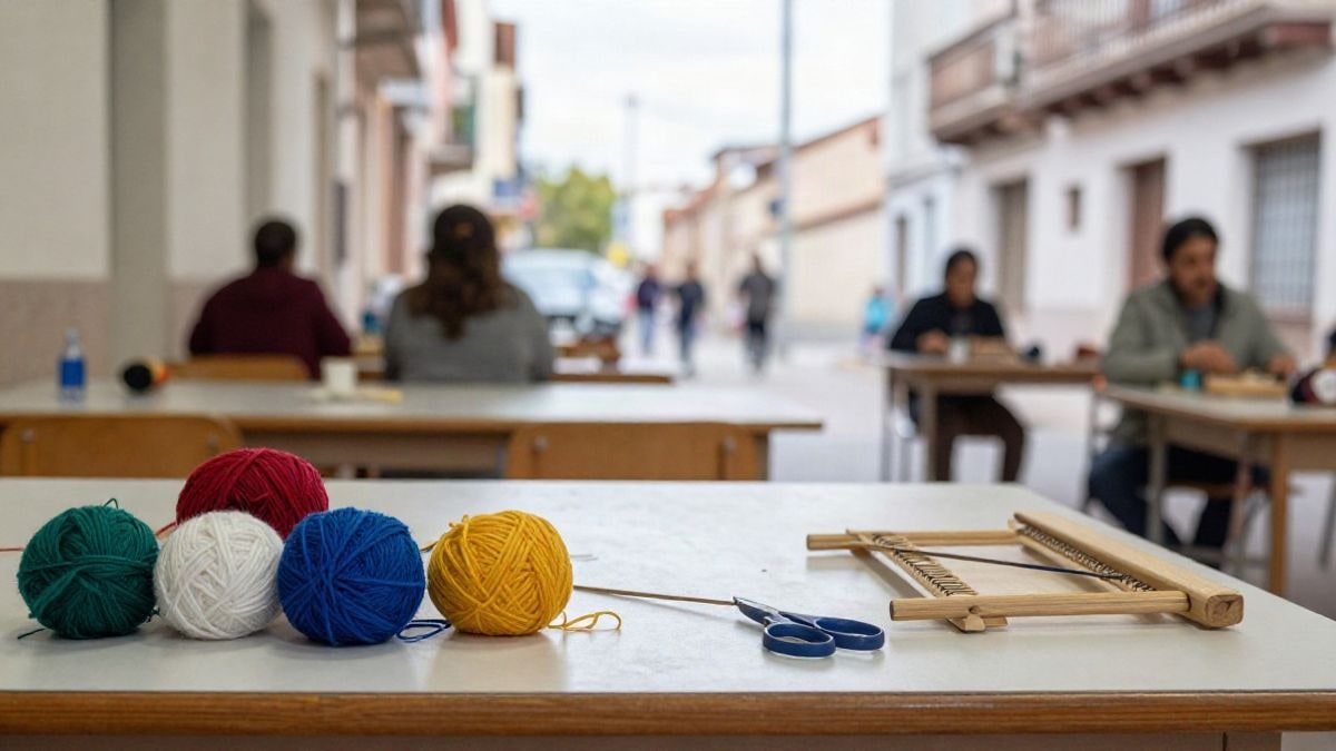 Imagen ilustrativa: mesa de taller con ovillos de lana, agujas y un telar pequeño en un aula luminosa