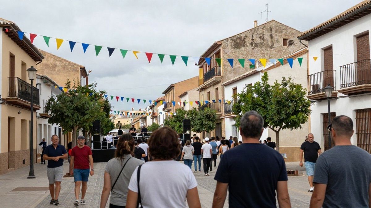 Imagen ilustrativa: calles decoradas con guirnaldas y un pequeño escenario durante unas fiestas de barrio en un municipio español.