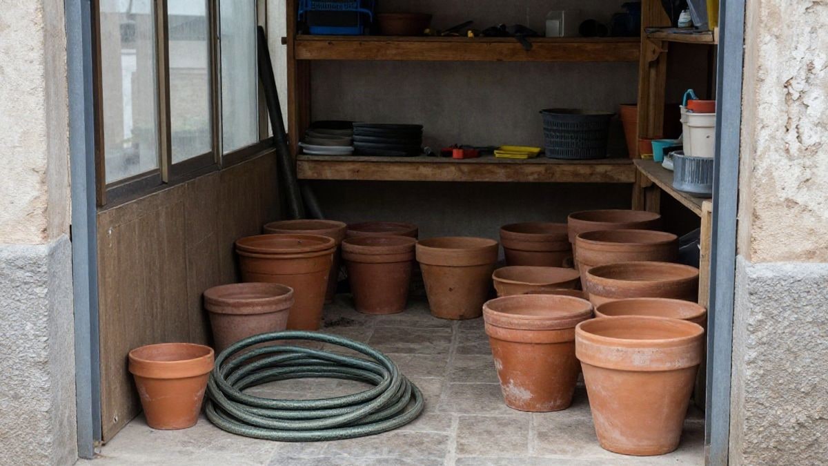 Imagen ilustrativa: interior de un cobertizo de jardín con macetas vacías y una manguera enrollada junto a una ventana lateral
