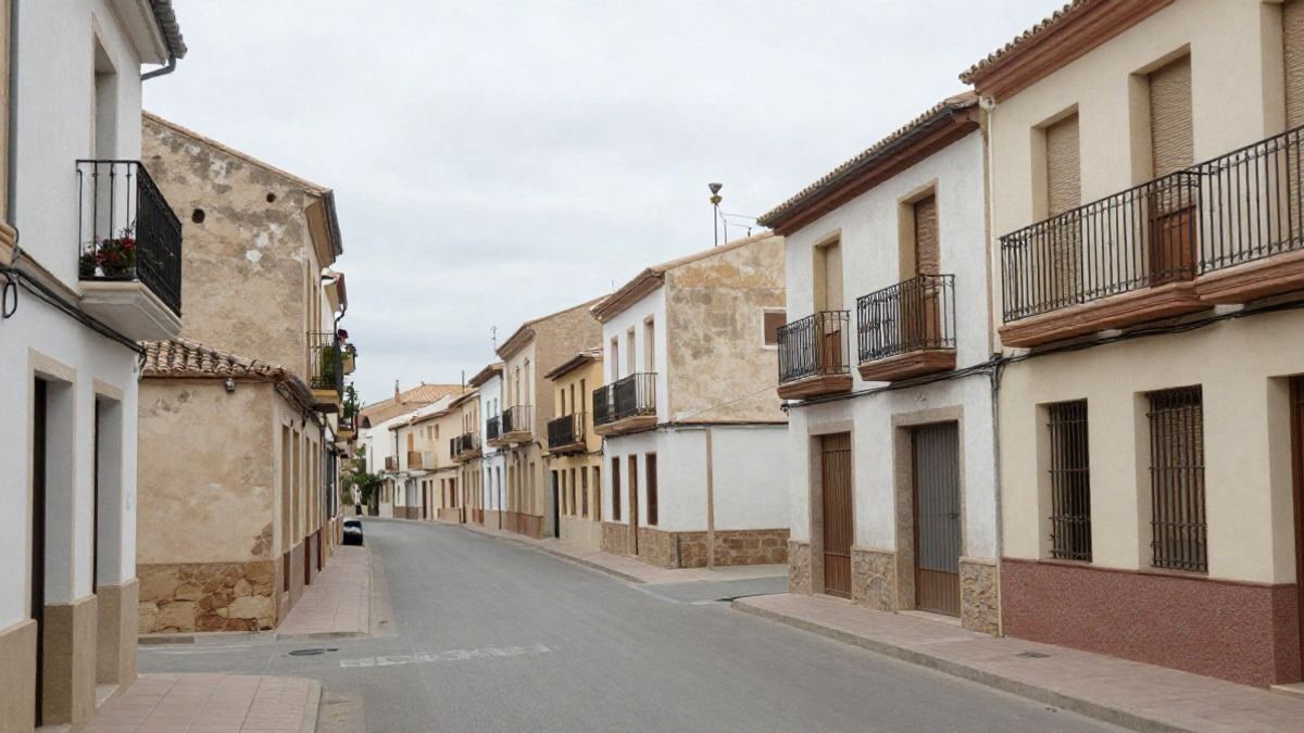 Imagen ilustrativa: calle residencial de un pueblo español con edificios bajos y balcones