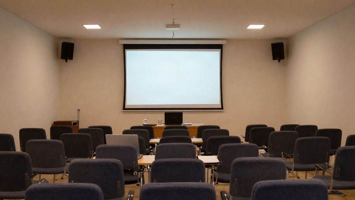 Illustrative image: empty conference room with chairs and projector in a cultural centre