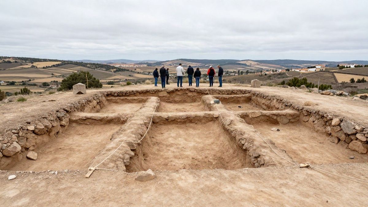 Imagen ilustrativa: yacimiento arqueológico en una colina con zanjas y arqueólogos trabajando al fondo