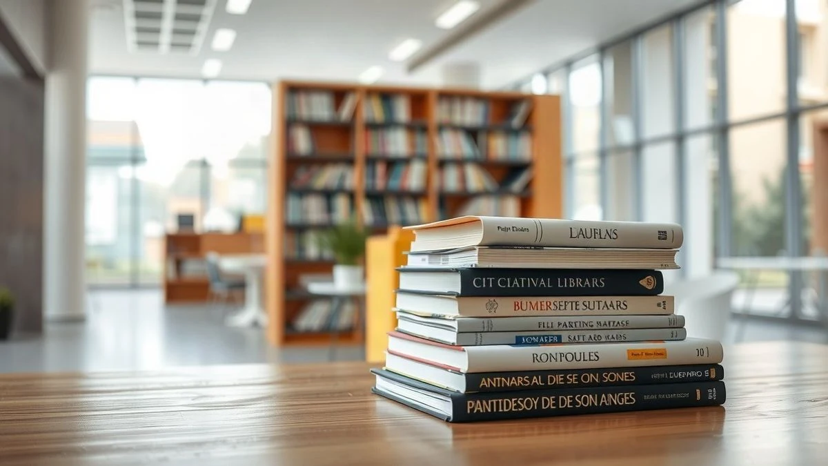 Imagen ilustrativa: una pila de libros variados sobre una mesa de madera en una biblioteca luminosa, con estanterías de fondo desenfocadas.