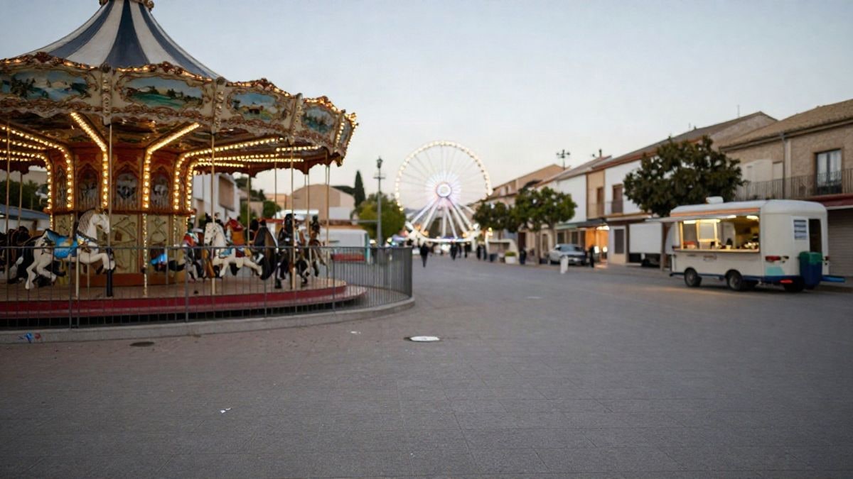 Imagen ilustrativa: atracciones de feria iluminadas y un food truck en un recinto ferial genérico al atardecer
