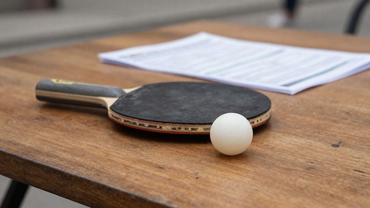 Imagen ilustrativa: primer plano de una pala y una pelota de ping pong sobre una mesa de madera