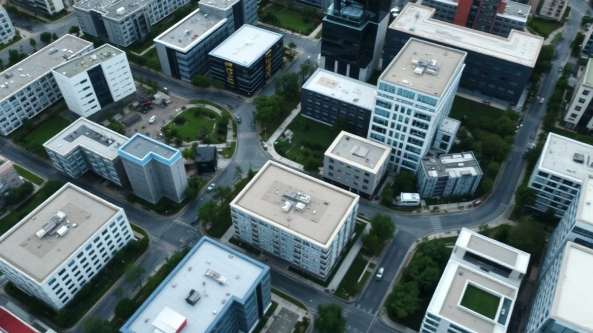 Illustrative image: aerial view of a business park with office buildings and green areas.