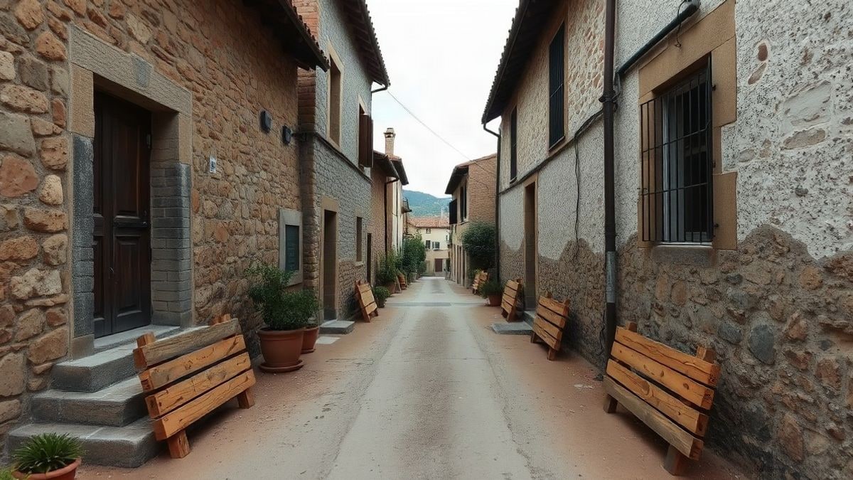 Imagen ilustrativa: calle rural de pueblo con barreras de madera preparadas para un encierro, día nublado.