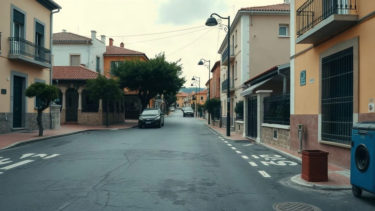 Imagen ilustrativa: calle residencial con asfalto recién extendido y un rodillo compactador, sin personas visibles.