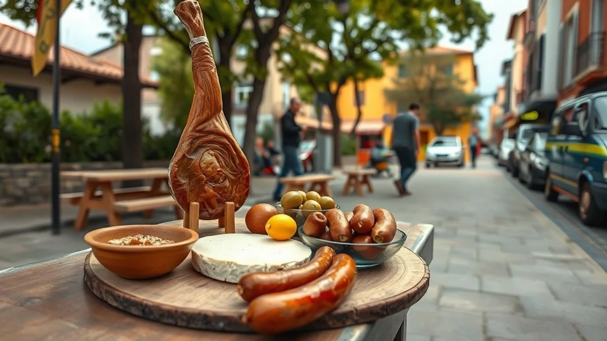 Imagen ilustrativa: mesa con jamón, queso, aceitunas y embutidos en un parque