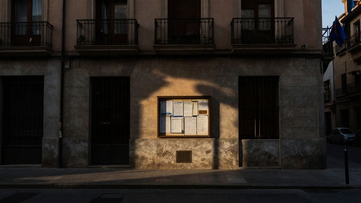 Imagen ilustrativa: fachada de un edificio municipal con un tablón de anuncios al atardecer