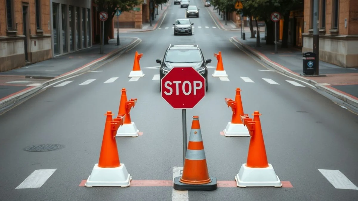 Imagen ilustrativa: intersección urbana con conos de obra y señalización provisional de tráfico