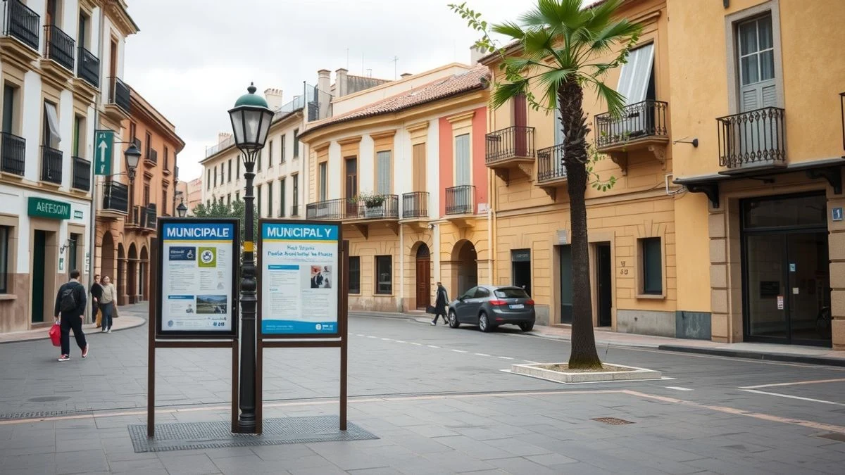 Imagen ilustrativa: un tablón de anuncios municipal en una plaza de un pueblo español, con personas caminando al fondo.
