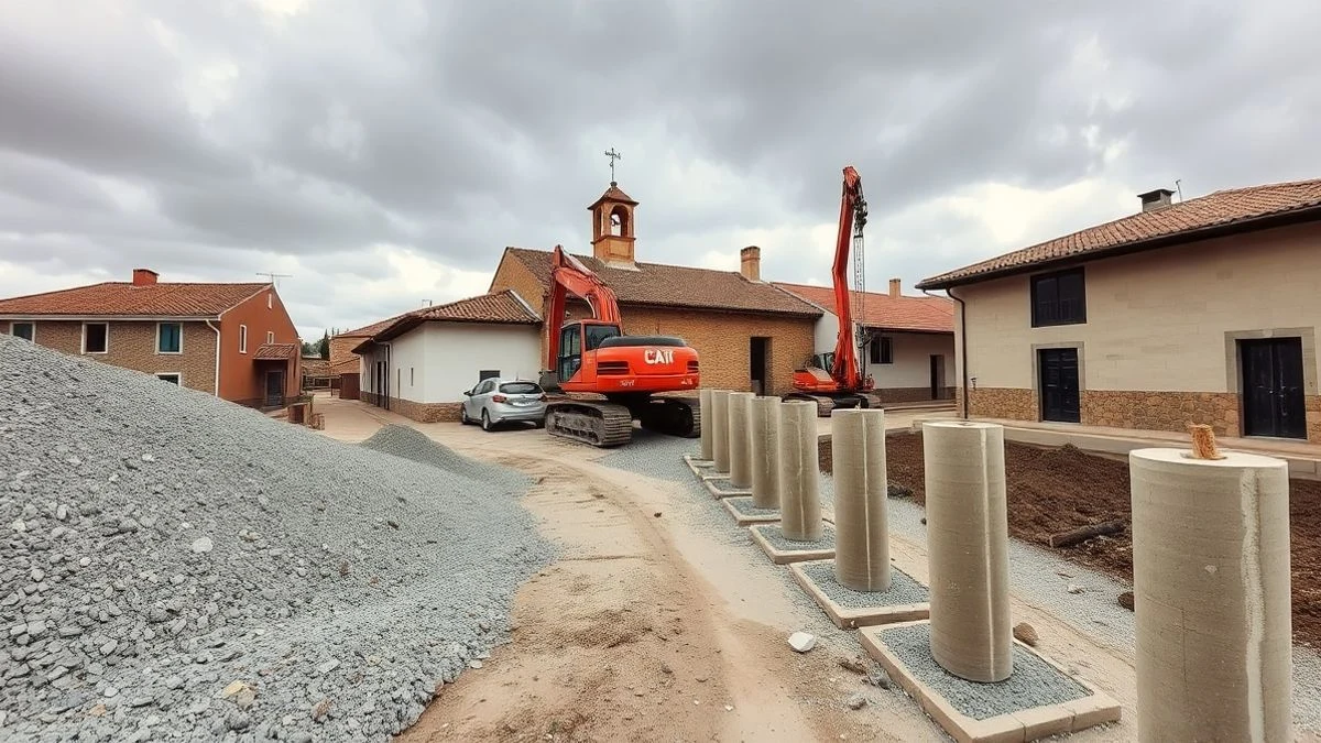 Imagen ilustrativa: obras de construcción con pilares de hormigón en un pueblo de la sierra, con casas bajas al fondo.