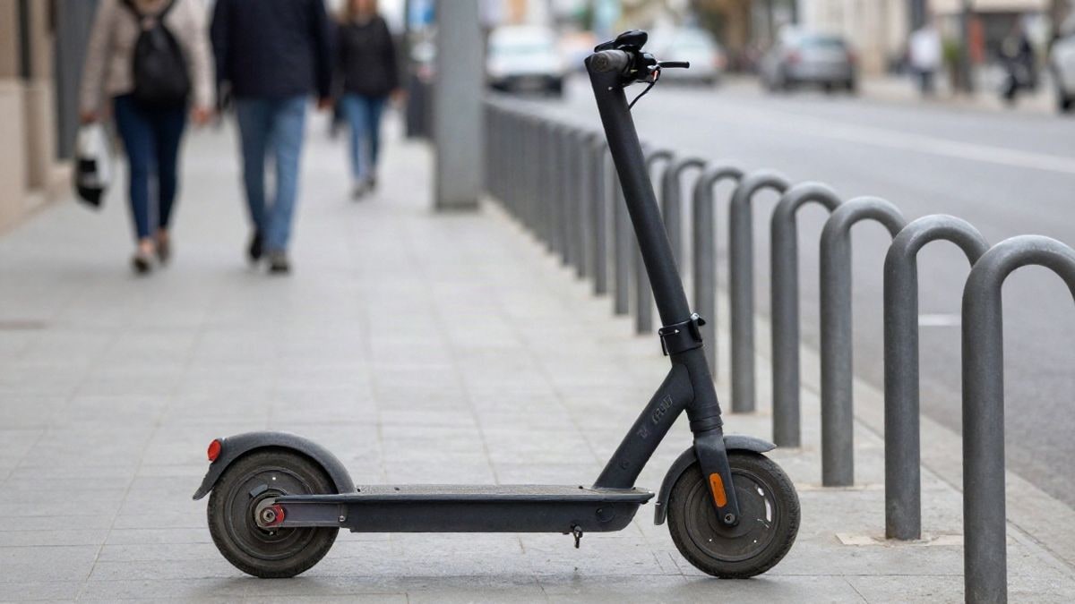 Imagen ilustrativa: un patinete eléctrico aparcado en una acera junto a un aparcabicis