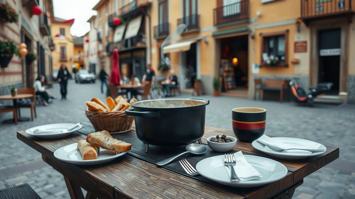Imagen ilustrativa: una olla humeante de caldereta sobre una mesa de madera con pan y platos en una plaza de pueblo.