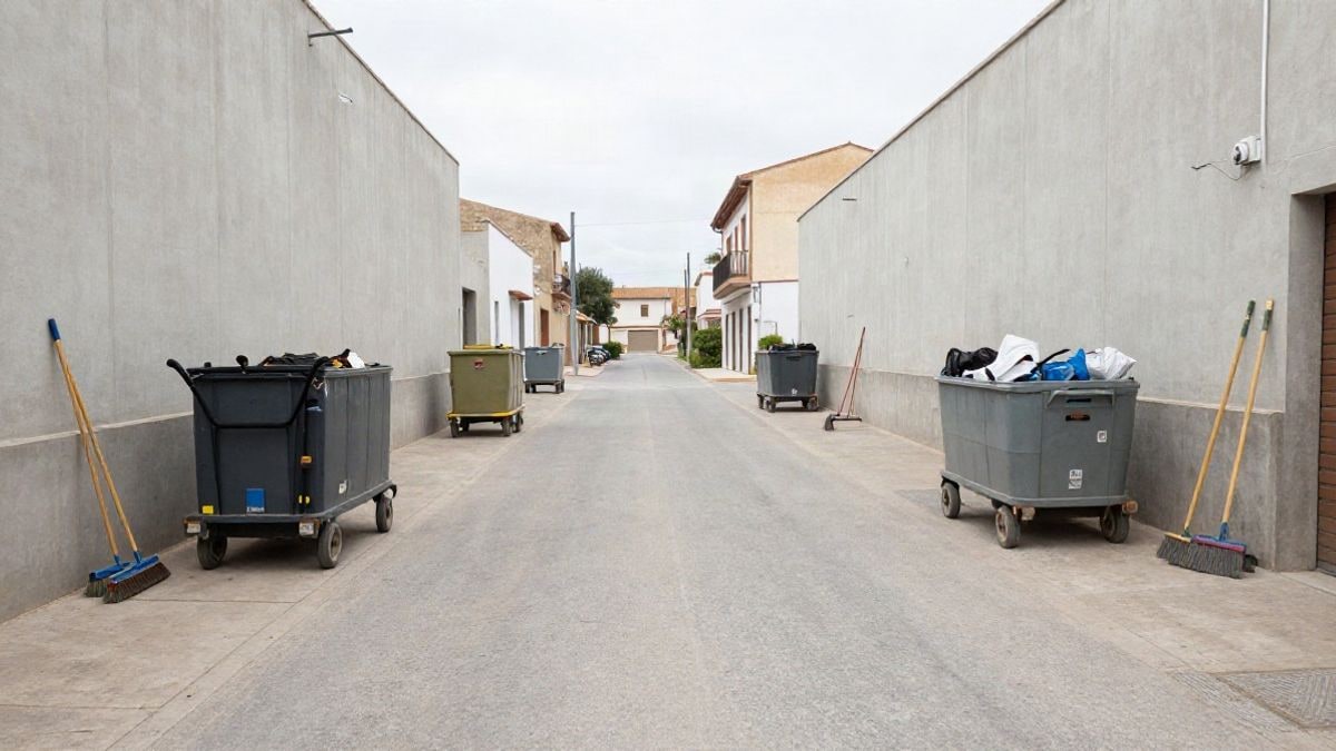Imagen ilustrativa: patio de un almacén municipal con carros de limpieza y contenedores de residuos alineados sobre una calzada de servicio