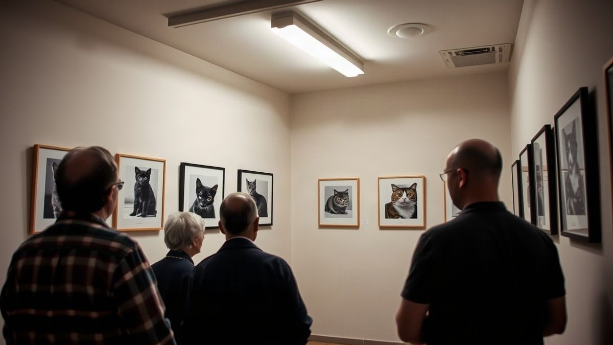 Imagen ilustrativa: sala de exposiciones con fotografías de gatos enmarcadas en la pared, con luz artificial y algunos visitantes de espaldas.