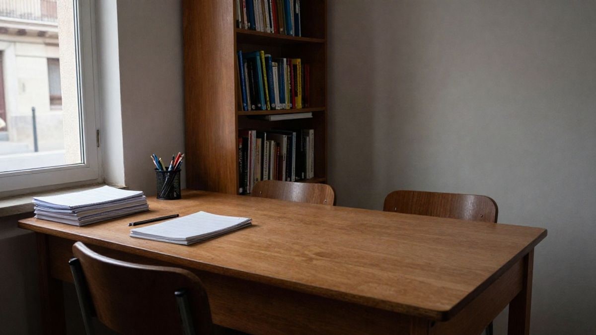 Imagen ilustrativa: sala de estudio con mesa, sillas y estantería junto a una ventana