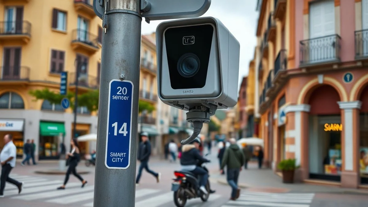 Illustrative image: compact urban sensor on a lamppost in a pedestrian street with shops and a zebra crossing.