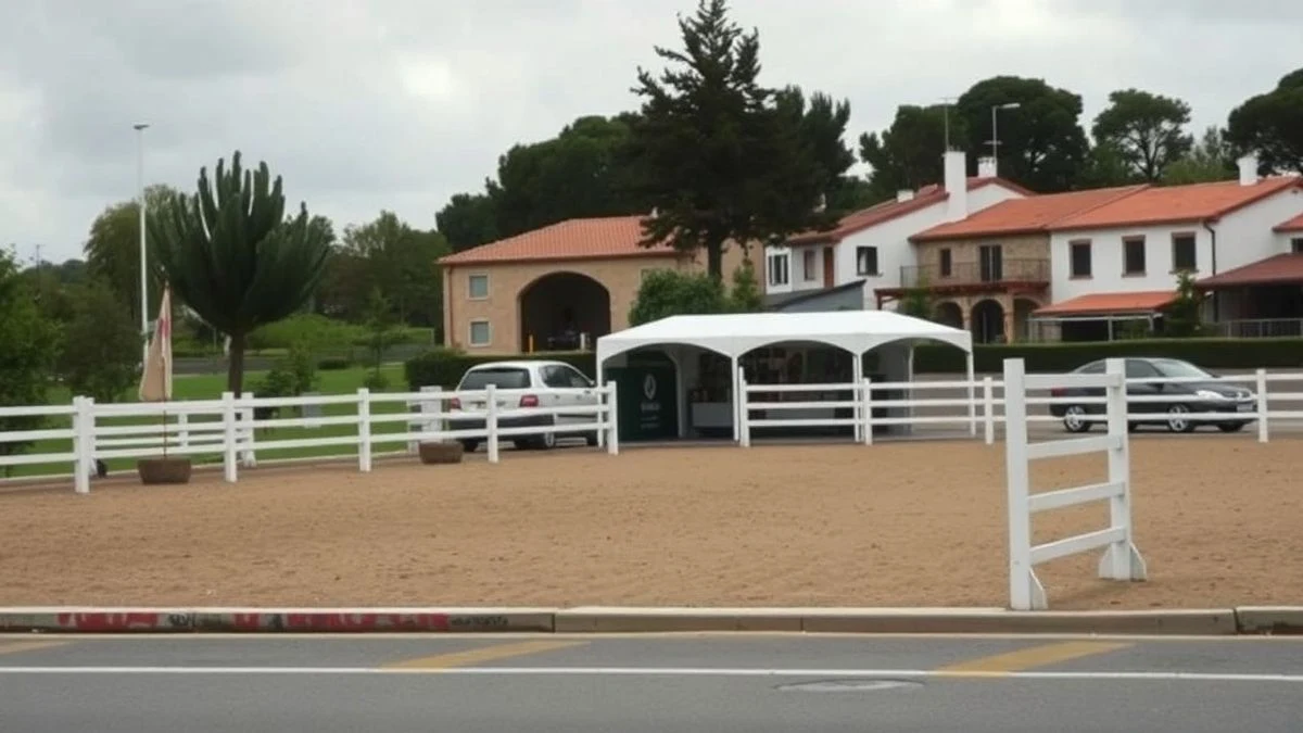 Imagen ilustrativa: pista ecuestre con vallas blancas y arena, en un entorno rural al aire libre.