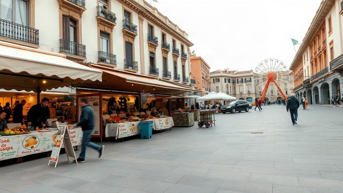 Imagen ilustrativa: plaza de un pueblo con puestos de mercado y decoración festiva, con personas de espaldas al fondo