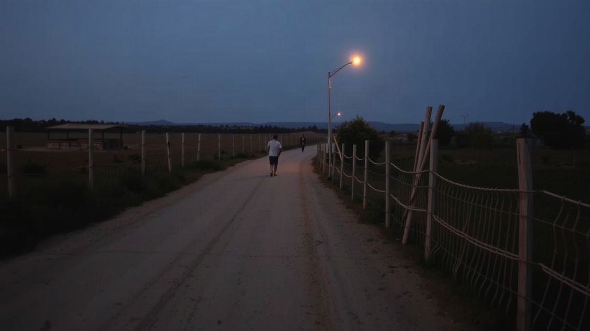 Imagen ilustrativa: camino rural vacío con vallas de madera y una farola encendida al atardecer