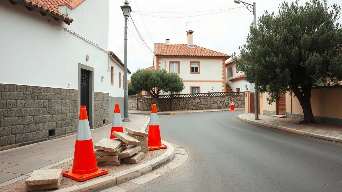 Imagen ilustrativa: calle de un pueblo español con obras de pavimentación y conos naranjas, sin personas