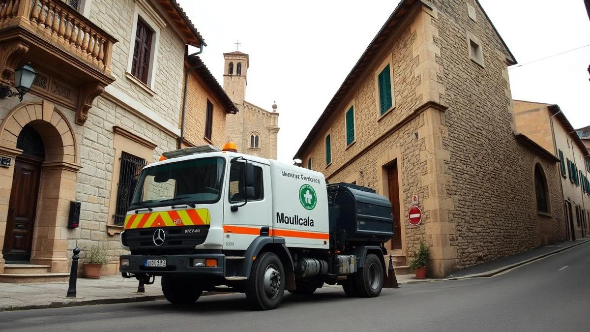 Imagen ilustrativa: un vehículo de limpieza viaria aparcado en una calle rural con casas de piedra al fondo