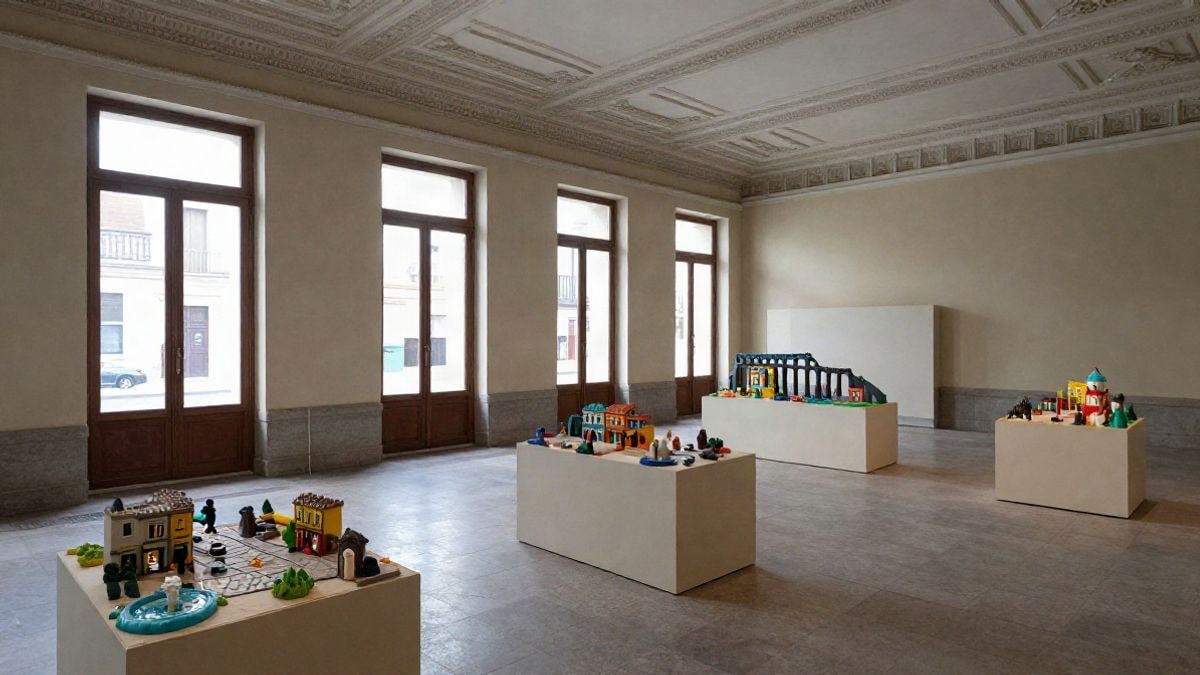 Imagen ilustrativa: sala de un palacio histórico con maquetas de plastilina que representan escenas del Madrid del siglo XIX