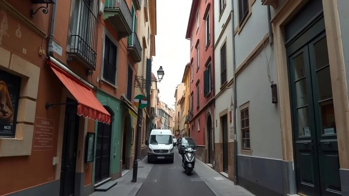 Imagen ilustrativa: calle comercial de un pueblo español con fachadas renovadas y toldos, ambiente urbano cotidiano.