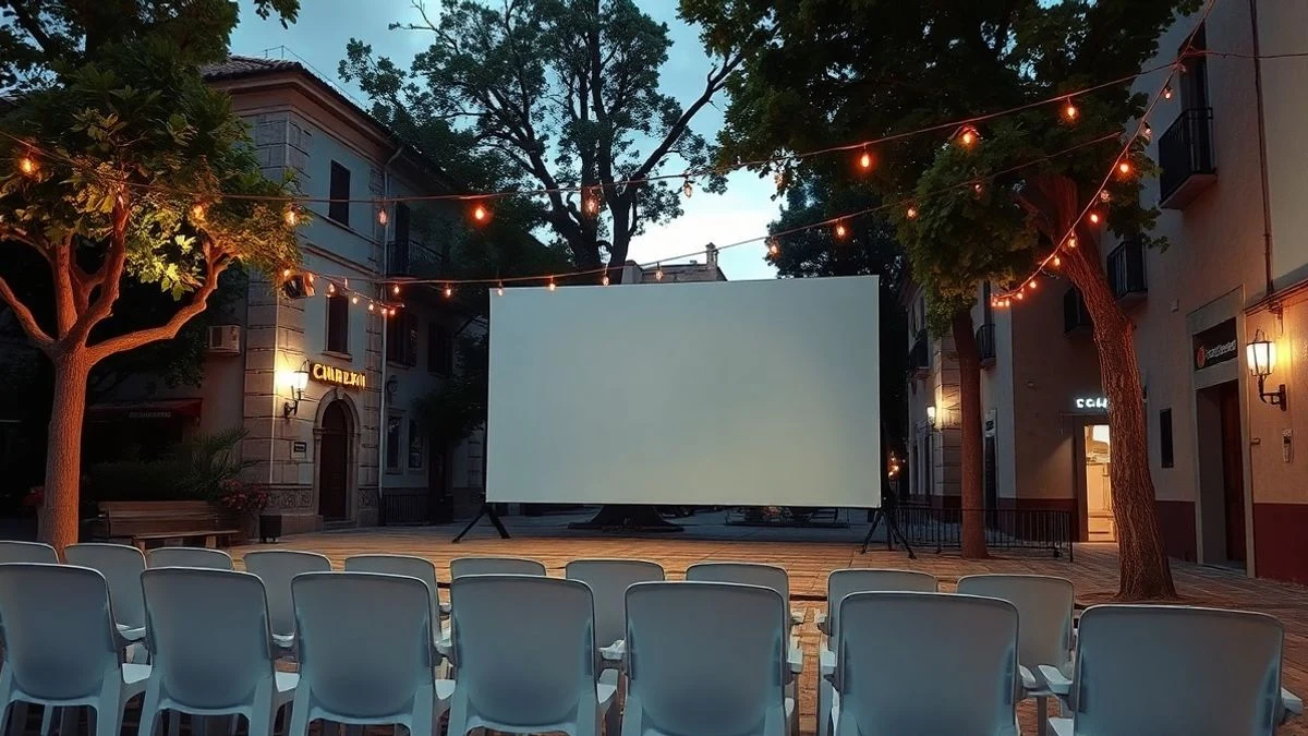 Illustrative image: outdoor cinema screen in a square with empty chairs and decorative lights