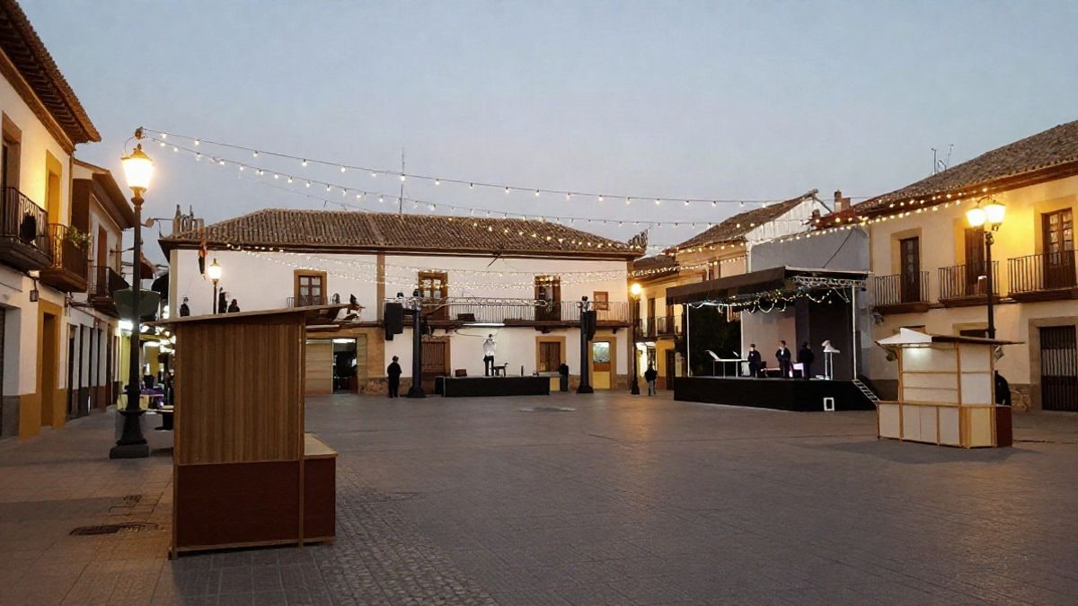 Imagen ilustrativa: plaza española engalanada con luces de fiesta por la noche, sin personas.