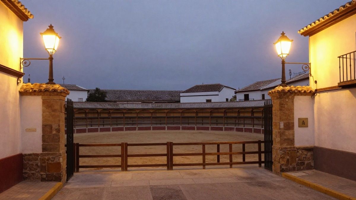 Imagen ilustrativa: entrada de una plaza de toros de pueblo iluminada por farolas