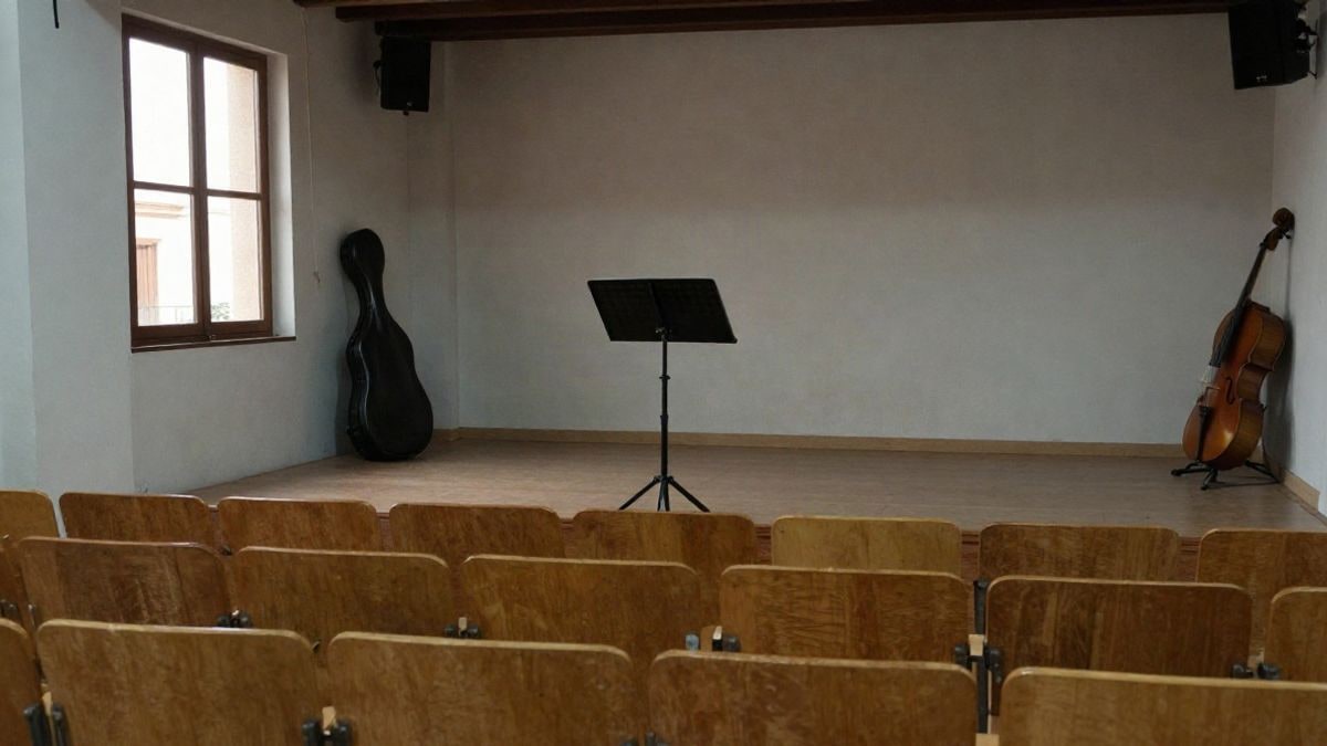 Imagen ilustrativa: interior de una sala de conciertos con atriles y partituras junto a una ventana lateral