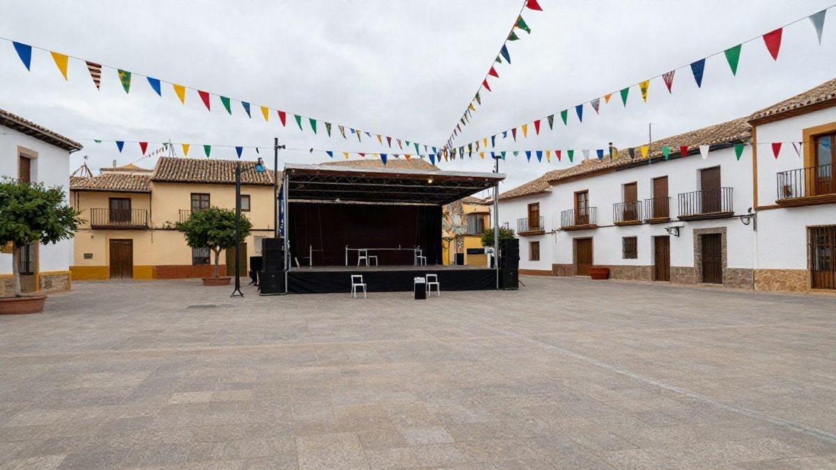 Imagen ilustrativa: plaza de un pueblo español engalanada con banderines y un escenario vacío, a la espera de las fiestas