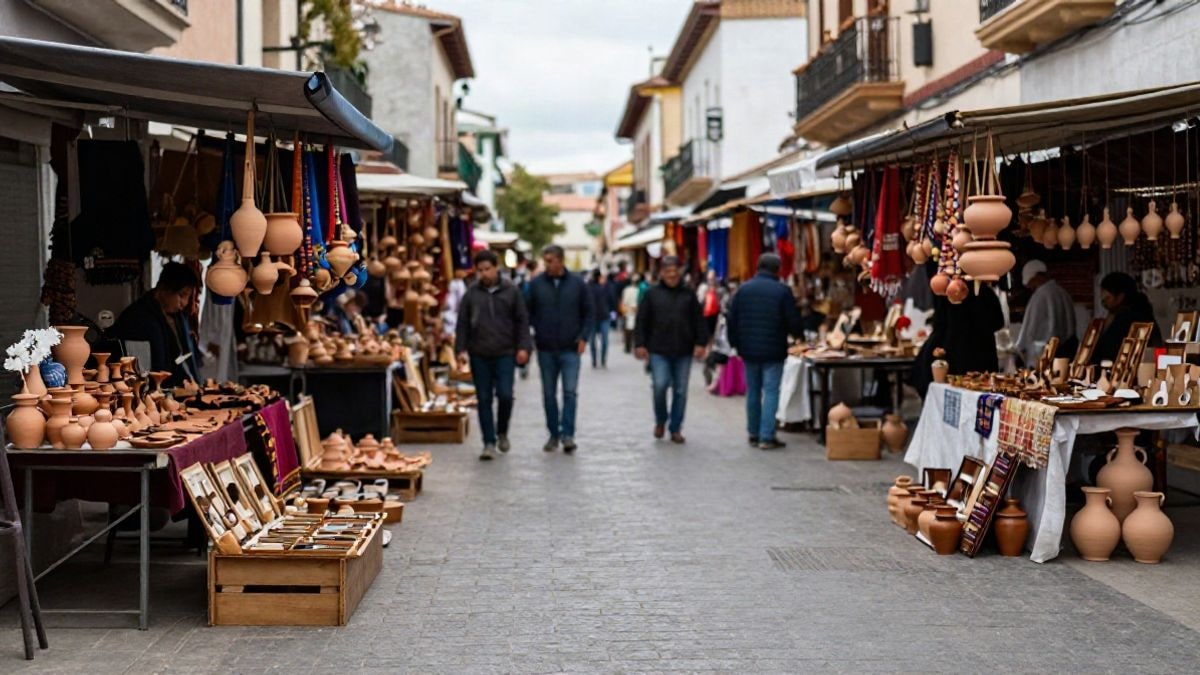 Illustrative image: outdoor craft stalls on a street in Móstoles during the festivities.