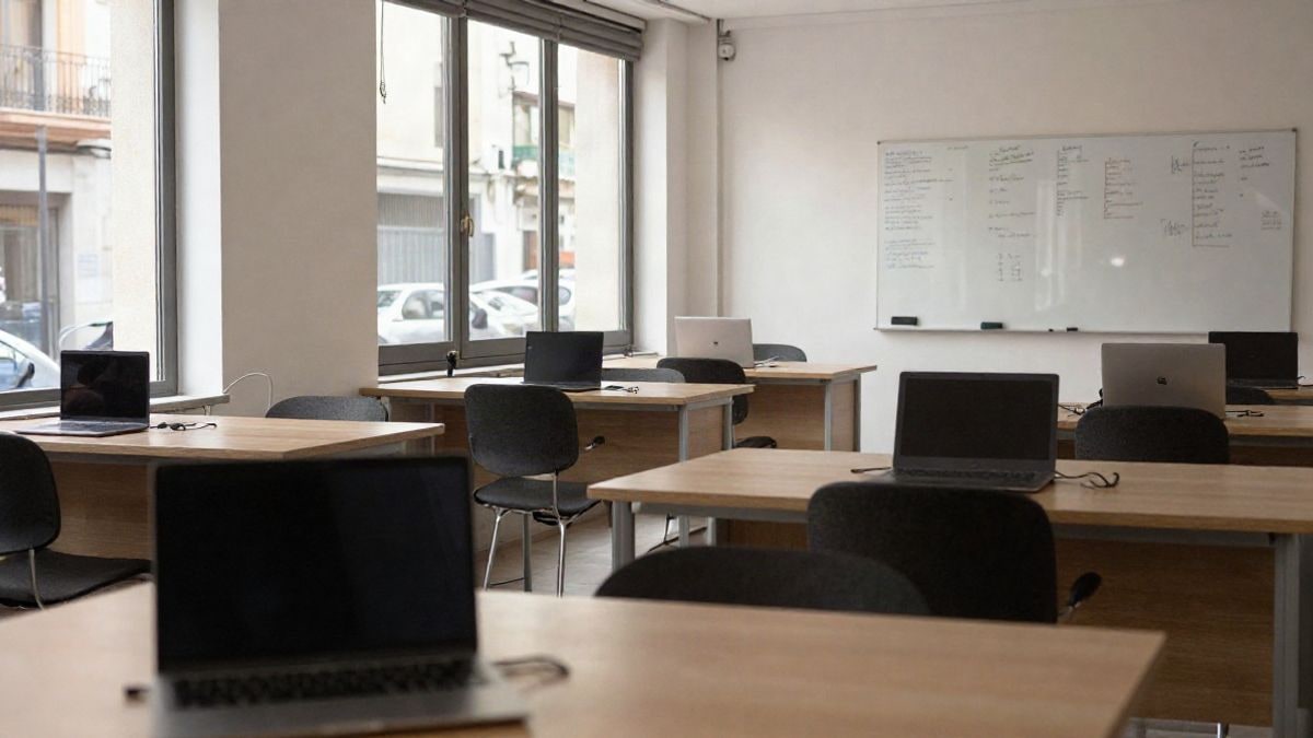 Imagen ilustrativa: espacio de coworking con mesas y ordenadores portátiles, sin personas