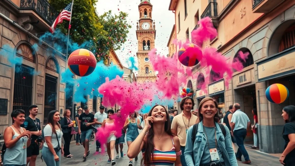 Imagen ilustrativa: plaza española con nubes de polvos de colores y siluetas de asistentes celebrando
