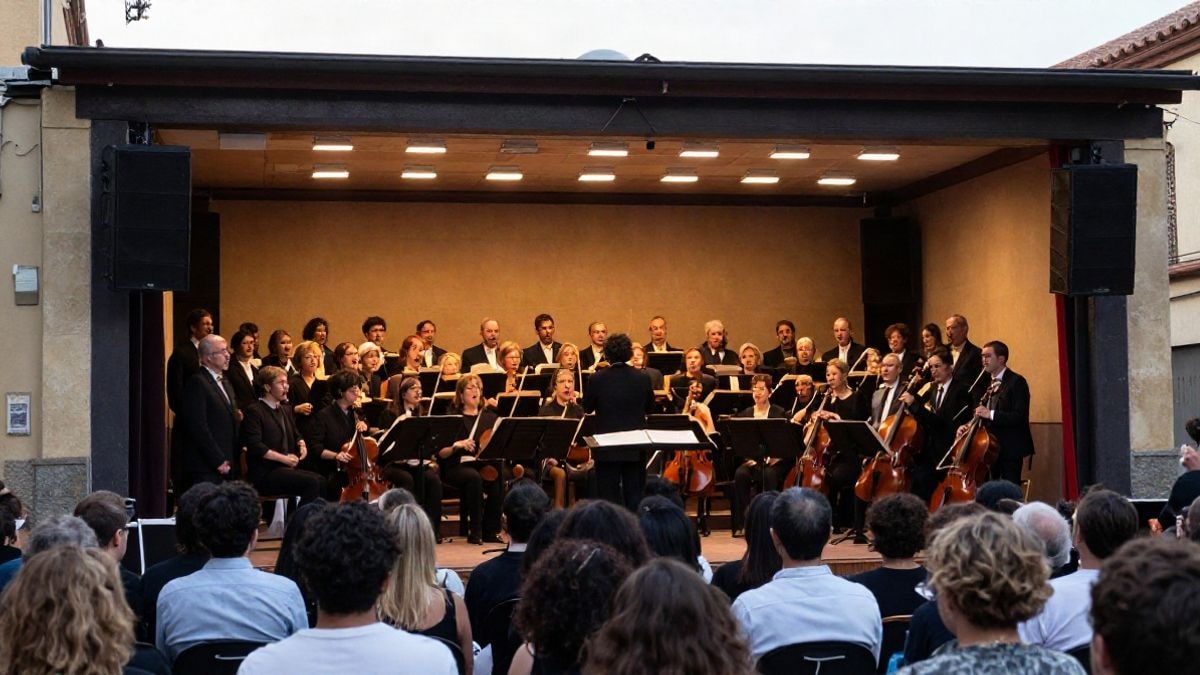 Imagen ilustrativa: un coro y una orquesta actuando en un escenario con atriles y partituras