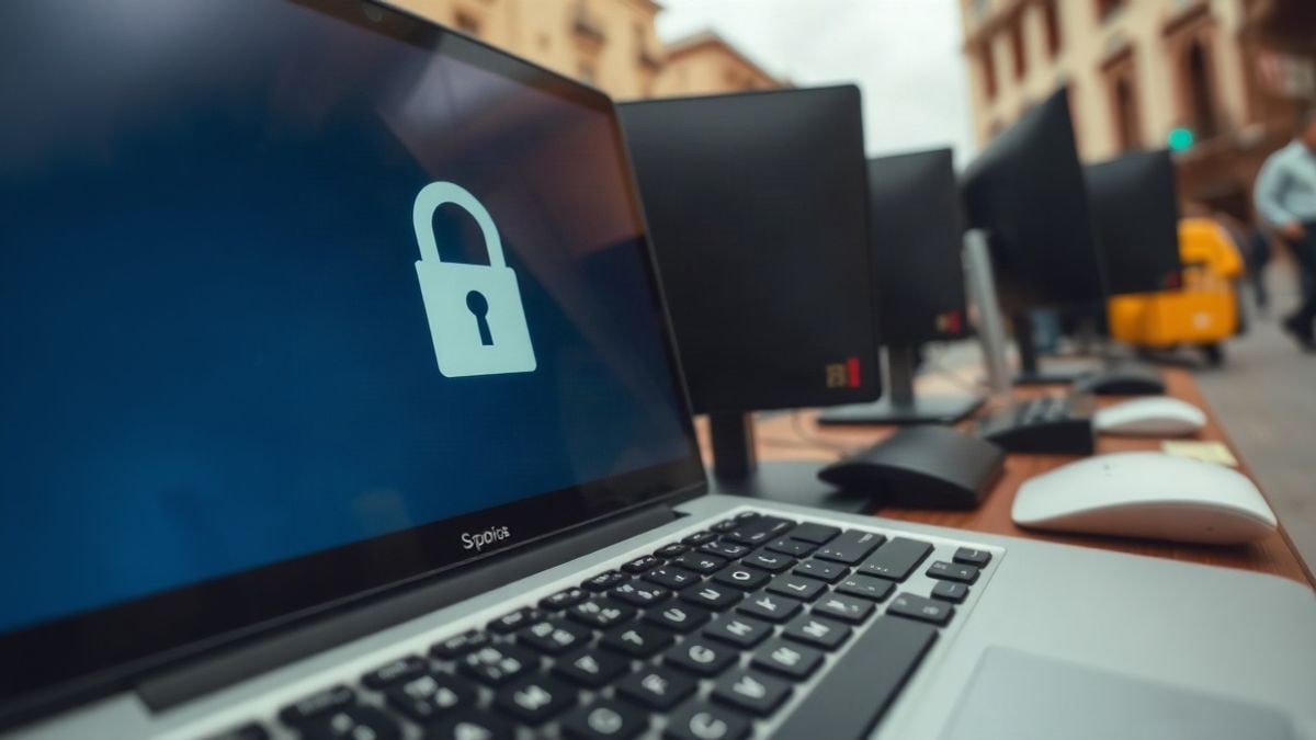 Imagen ilustrativa: primer plano de un teclado de ordenador con un candado en la pantalla, fondo de oficina desenfocado
