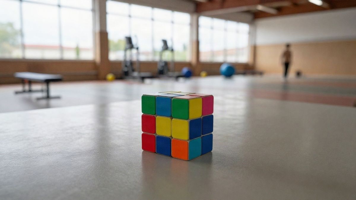 Imagen ilustrativa: un cubo de Rubik sobre una mesa en un polideportivo